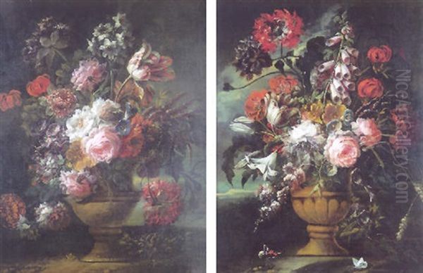 Vase De Fleurs Sur Un Entablement Oil Painting by Antoine (Baptiste M.) Monnoyer