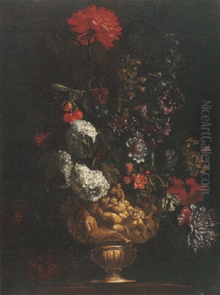 Bouquet De Fleurs Dans Un Vase Sculpte Representant Une Bacchanale Oil Painting by Antoine (Baptiste M.) Monnoyer