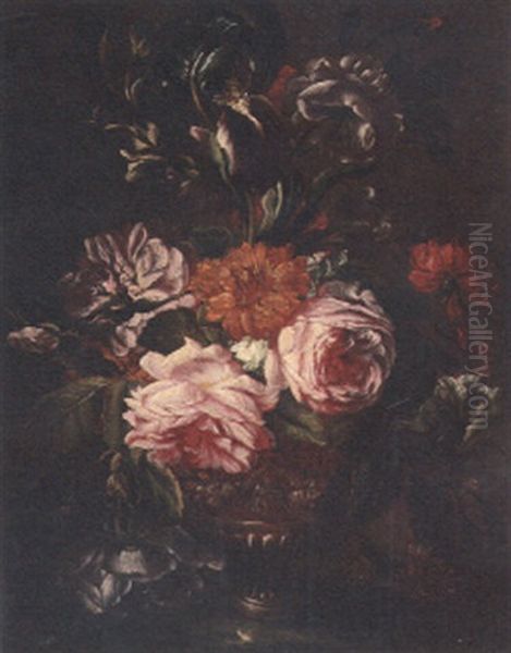 Roses, Carnations, Tulips And Other Flowers In An Urn On A Ledge Oil Painting by Antoine (Baptiste M.) Monnoyer