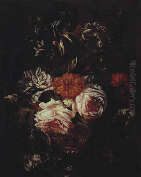 Blumenstraus Von Rosen, Lilien Und Einer Dalie In Einer Prunkvase Oil Painting by Antoine (Baptiste M.) Monnoyer