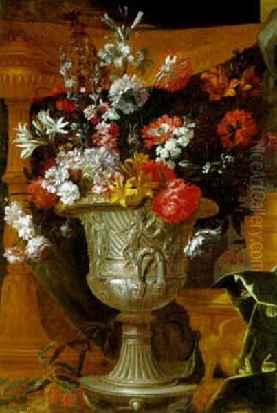 Lilies And Other Flowers In A Silver-gilt Sculpted Urn In Draped Interior Oil Painting by Antoine (Baptiste M.) Monnoyer