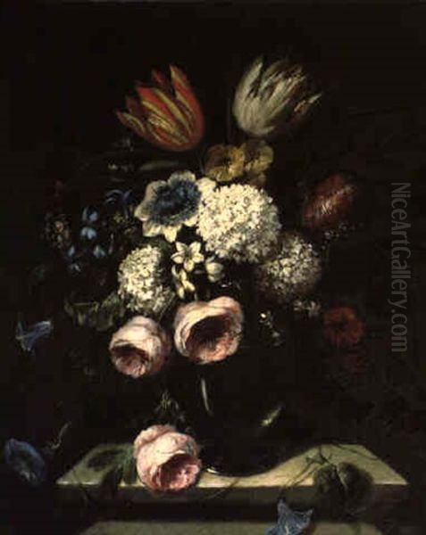 Blumenstraus Mit Schneeballen, Tulpen, Pfingstrosen Und Anderen Bluten Oil Painting by Antoine (Baptiste M.) Monnoyer