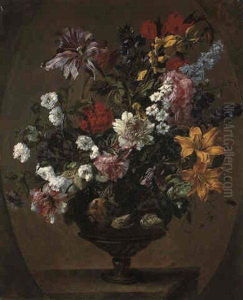 Flowers In A Sculpted Urn On A Pedestal Oil Painting by Antoine (Baptiste M.) Monnoyer