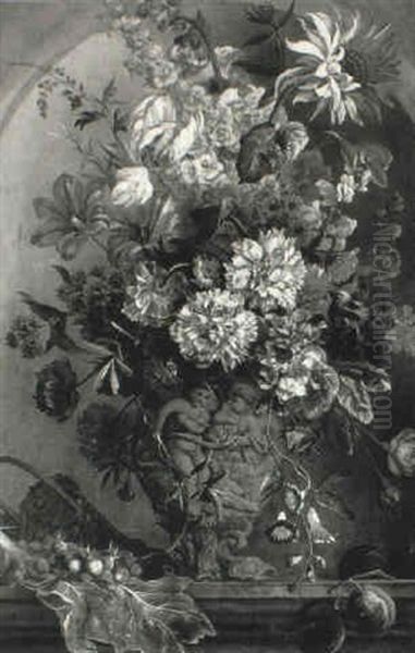 Mixed Flowers In An Urn With Fruit On A Ledge In A Niche Oil Painting by Antoine (Baptiste M.) Monnoyer