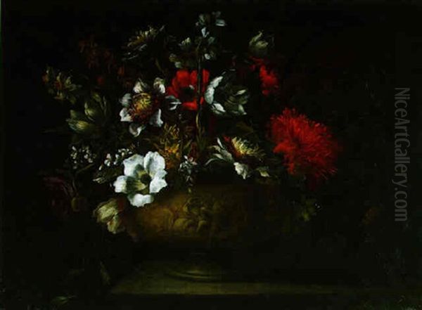 Blumenstrauss In Einer Reliefierten Steinvase Oil Painting by Antoine (Baptiste M.) Monnoyer