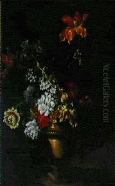 Bouquet De Fleurs Dans Un Vase De Bronze Sur Un Entablement Oil Painting by Antoine (Baptiste M.) Monnoyer