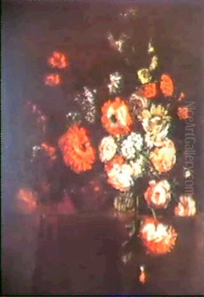 Bouquet De Pivoines Dans Un Panier D'osier Sur Un           Entablement Oil Painting by Antoine (Baptiste M.) Monnoyer