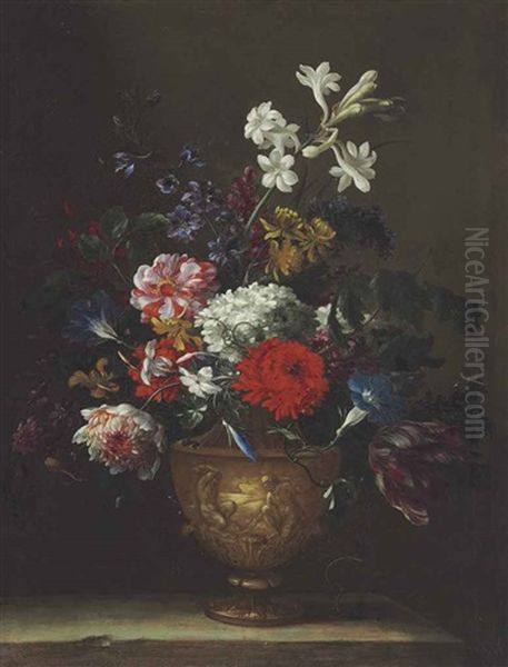 A Hydrangea, Chrysanthemum, Tulip And Other Flowers In A Sculpted Vase Oil Painting by Jean-Baptiste Monnoyer
