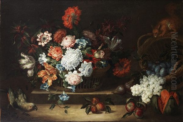 Lilies, Chrysanthemums And Other Flowers In A Basket On A Stone Ledge, With Apples, Grapes, A Split Melon, A Monkey And A Parrot Oil Painting by Jean-Baptiste Monnoyer