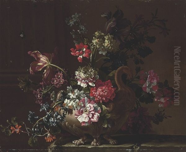 Peonies, Narcissi, Tulips, Hyacinths And Other Flowers In A Teracotta Urn On A Stone Table Oil Painting by Jean-Baptiste Monnoyer