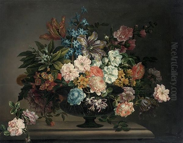 Tulips, Roses, Carnations And Other Flowers In An Urn On A Ledge With A Sprig Of Roses Oil Painting by Jean-Baptiste Monnoyer