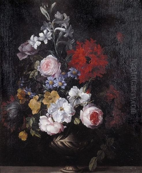 A Still Life Of Flowers Including Roses, Carnations And Lilies In An Urn On A Stone Ledge Oil Painting by Jean-Baptiste Monnoyer