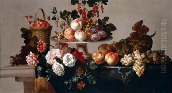 A Still Life Of Peaches, Plums, Currants And Hazelnuts On A Silver Platter, Strawberries In A Basket, Together With Grapes, Apples, A Melon, Peonies And Zinneas On A Stone Table Oil Painting by Jean-Baptiste Monnoyer