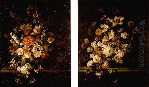 Still Lifes Of Roses, Irises, Tulips, Carnations And Various Other Flowers In Baskets, On Stone Ledges Oil Painting by Jean-Baptiste Monnoyer