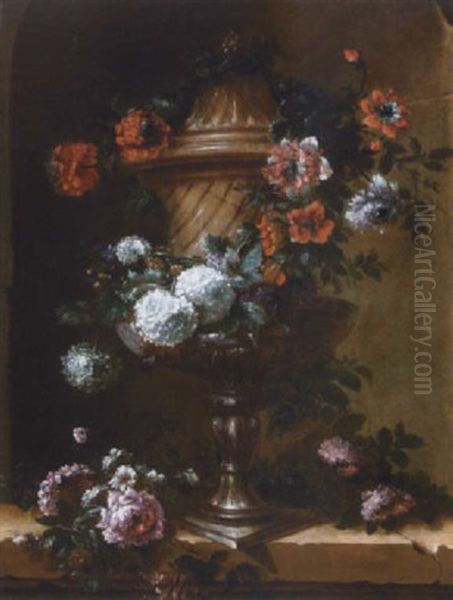 A Still Life With A Swag Of Flowers Around An Urn Oil Painting by Jean-Baptiste Monnoyer