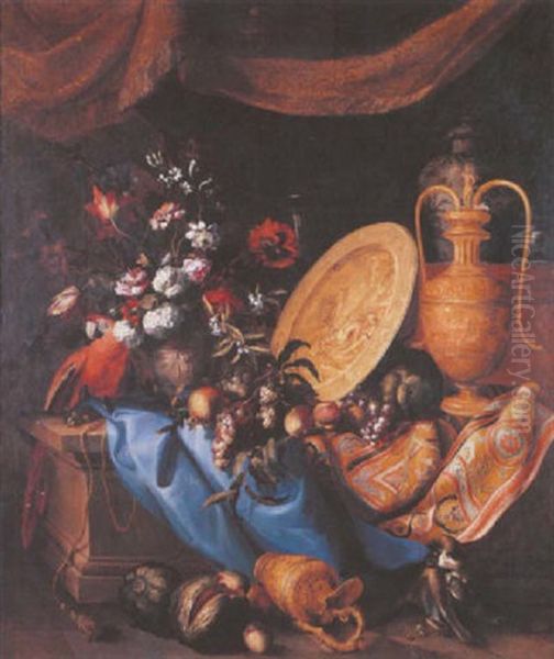 Nature Morte Au Bouquet De Fleurs, Perroquet, Singe, Fruits Et Aiguiere Sur Un Entablement Orne De Draperies Oil Painting by Jean-Baptiste Monnoyer