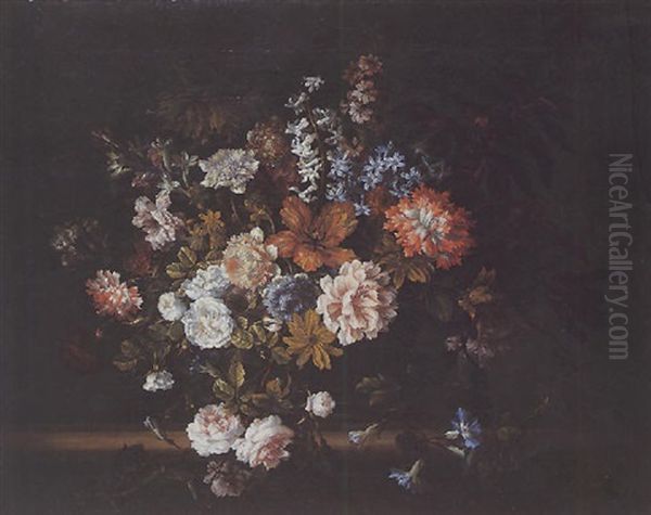 Bouquet De Fleurs Dans Un Vase En Verre Sur Un Entablement De Pierre Oil Painting by Jean-Baptiste Monnoyer
