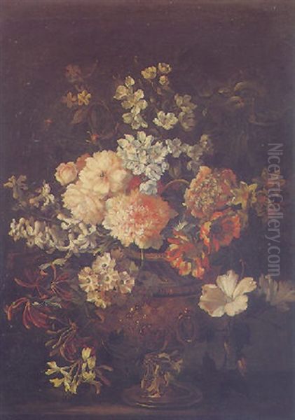 Still-life Of Roses, Carnations, Tulips, Narcissi, Hyacinths And Other Flowers In A Gilt Urn Oil Painting by Jean-Baptiste Monnoyer