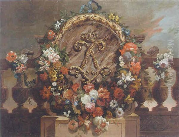 Flowers Surrounding A Sculpted Cartouche Bearing The French Royal Insignia Oil Painting by Jean-Baptiste Monnoyer