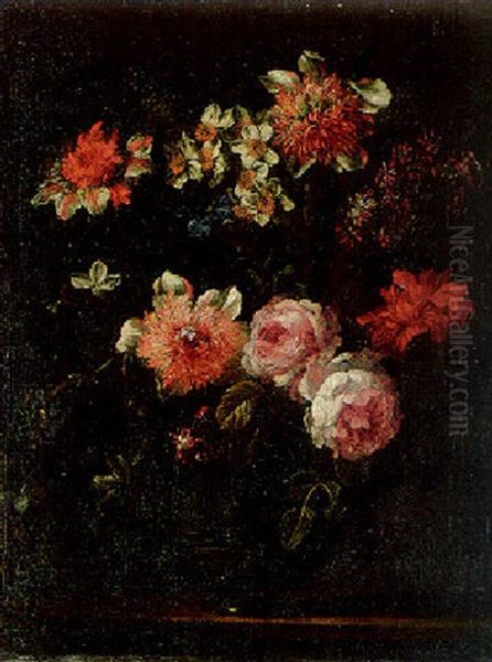Roses, Narcissi And Other Flowers In A Pewter Vase On A Ledge Oil Painting by Jean-Baptiste Monnoyer