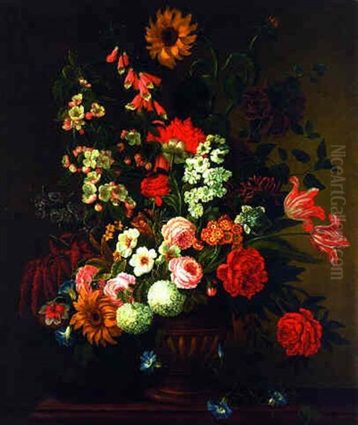 Roses, Sunflowers, Carnations, Tulips And Other Flowers In An Urn On A Table Oil Painting by Jean-Baptiste Monnoyer