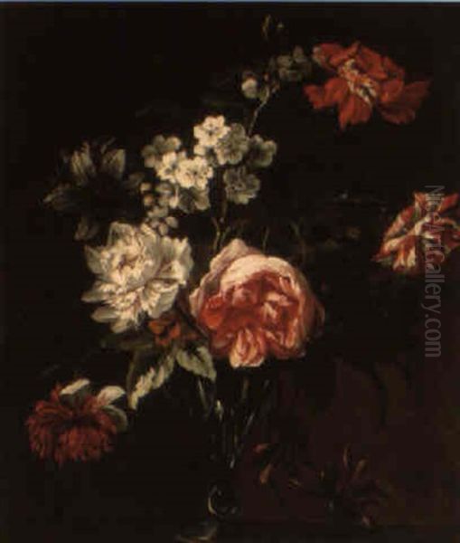 Roses, Tulips And Carnations In A Glass Vase On A Ledge Oil Painting by Jean-Baptiste Monnoyer