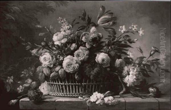 Roses, Tulips And Other Flowers In A Basket On A Ledge Oil Painting by Jean-Baptiste Monnoyer