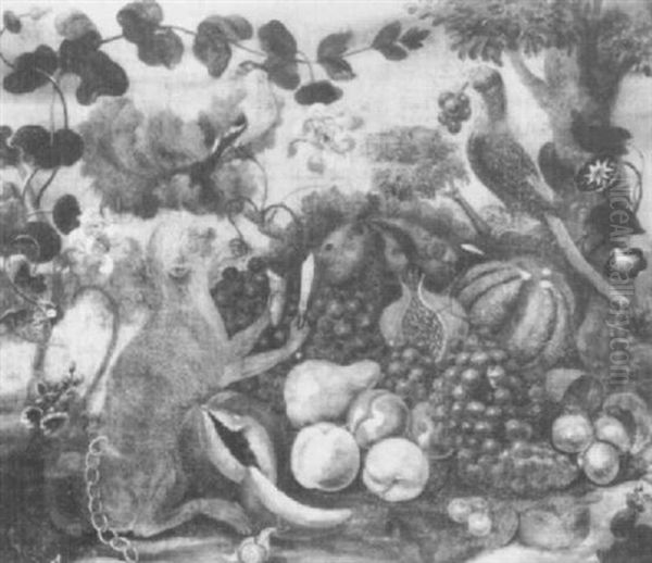 A Monkey By Grapes, Melon, A Pomegranate                    And Other Fruit With A Finch And A Parrot Oil Painting by Jean-Baptiste Monnoyer