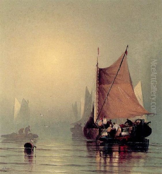 Fishing Boats Off The English Coast Oil Painting by Alfred Montague