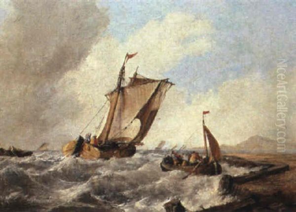 Boats At A Harbour Mouth In Stormy Seas Oil Painting by Alfred Montague