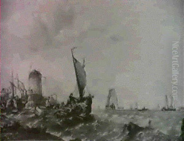 View Across The Scheldt: Boat Going To Market Oil Painting by Alfred Montague