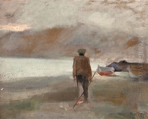 Pescatore Sulla Spiaggia All'alba Oil Painting by Evasio Montanella