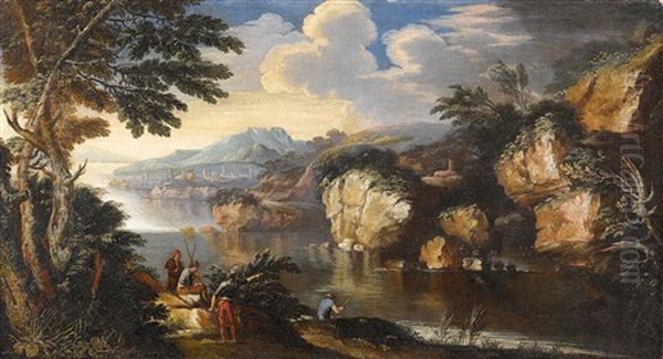 Flusslandschaft Mit Fischer Und Rastenden Soldaten Oil Painting by Pietro Montanini