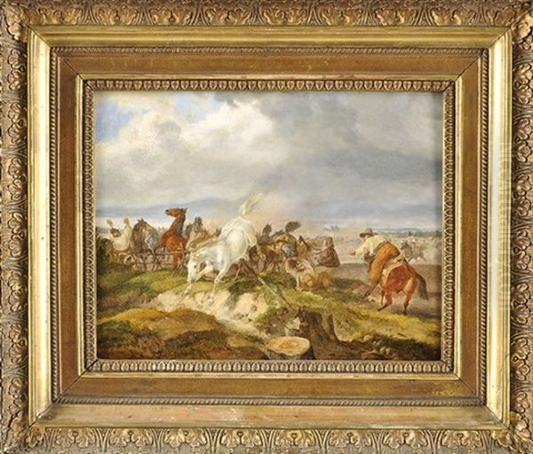 Eintreiben Von Wildpferden In Der Ungarischen Puszta Oil Painting by Dietrich Monten