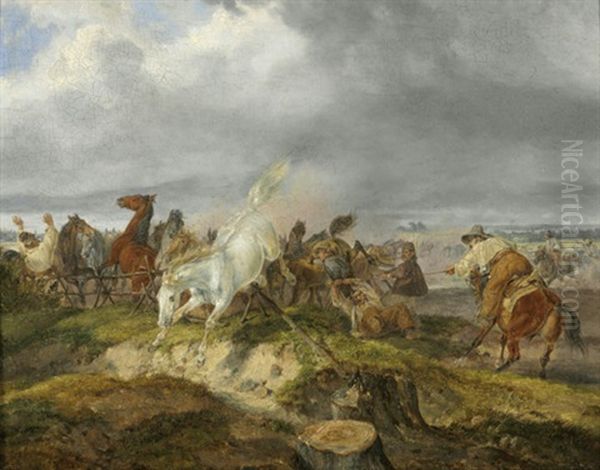 Das Eintreiben Von Wildpferden In Der Ungarischen Puszta Oil Painting by Dietrich Monten