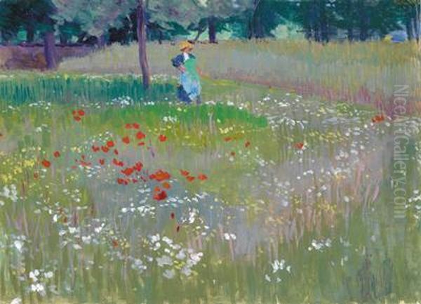 Mohnblumenwiese Oil Painting by Charles Theodore Bichet