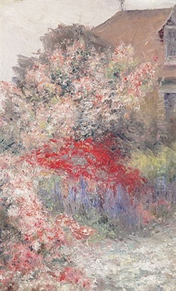 Bluhender Sommergarten Mit Haushintergrund Oil Painting by Francois Richard De Montholon