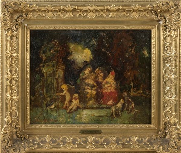 Classical Figures In A Garden Oil Painting by Adolphe Joseph Thomas Monticelli