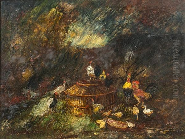 Poulailler Au Crepuscule Oil Painting by Adolphe Joseph Thomas Monticelli