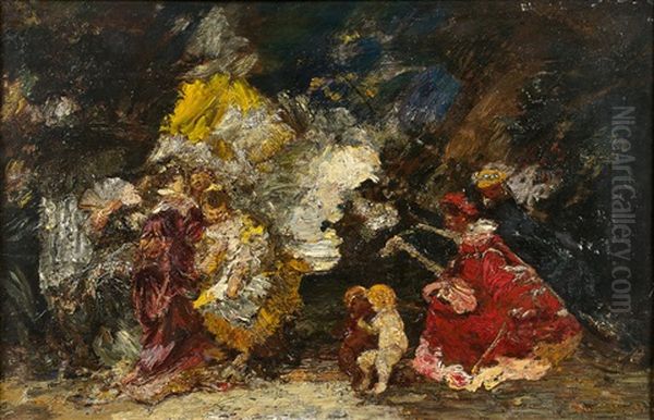 Deux Amours Entoures D'elegantes Oil Painting by Adolphe Joseph Thomas Monticelli