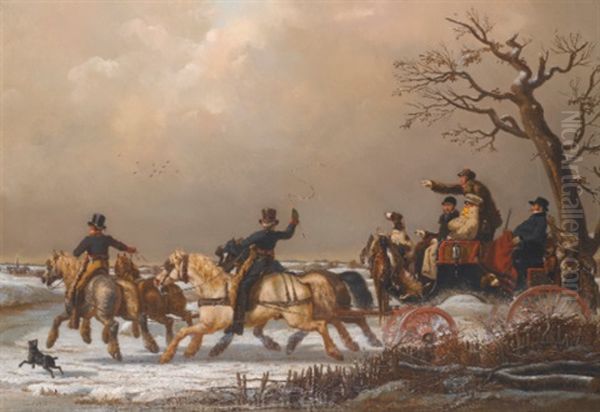 A Winter Carriage Ride Oil Painting by Henri d'Ainecy Montpezat