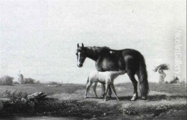 Horses In A Meadow Oil Painting by Henri d'Ainecy Montpezat