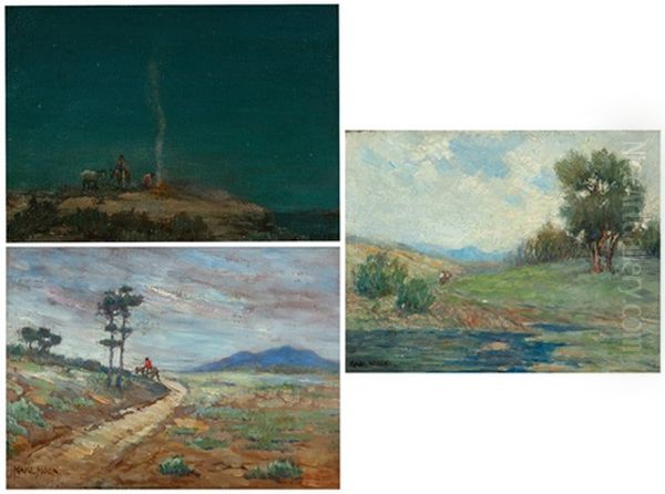 Three Works Depicting Indians In Landscapes: A Signal Fire, Apache Land And An Indian On Horseback Oil Painting by Carl Moon