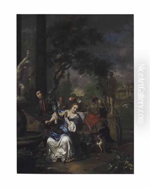 An Allegory Of Love: A Couple Beside A Fountain In A Garden With A Dinner Party Beyond Oil Painting by Carel de Moor