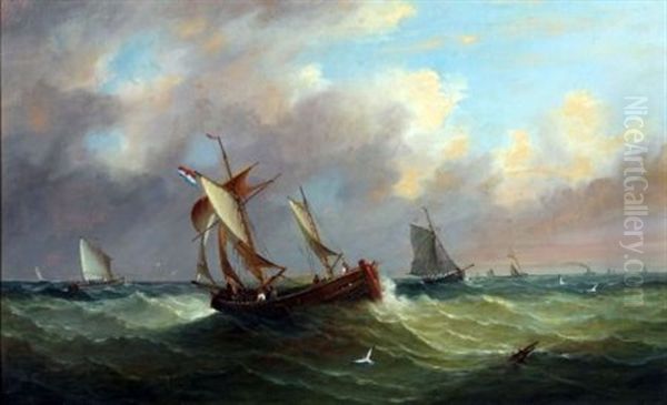 Fishing Vessels Off A Coast Oil Painting by John Moore Of Ipswich