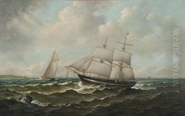 Vessels Off The Coast (+ Another; Pair) Oil Painting by John Moore Of Ipswich
