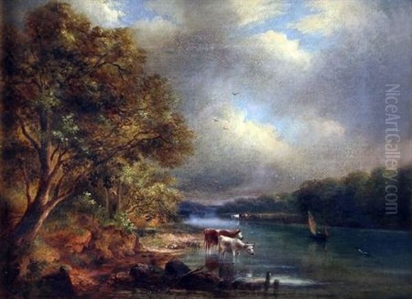 Wooded River Landscape With Cattle Watering Oil Painting by John Moore Of Ipswich