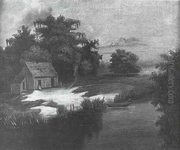 Louisiana Landscape With Cabin And Black Figures Under Moss-laden Cypresses Oil Painting by A. Louise Moore