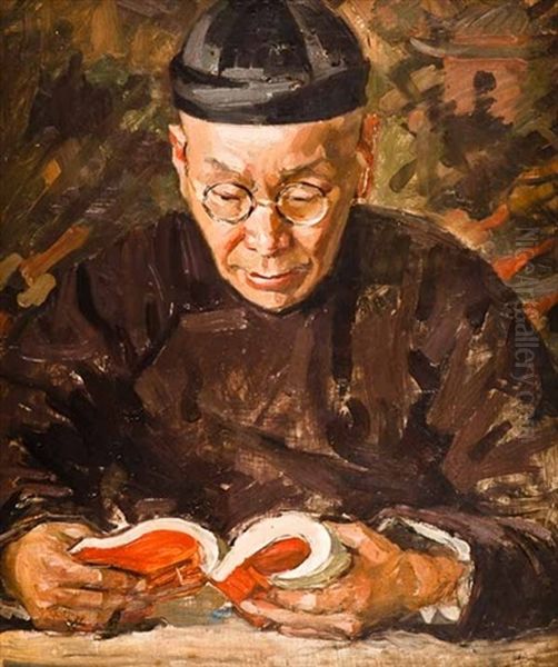 A Chinese Gentleman Reading Oil Painting by Eleanor Allen Moore