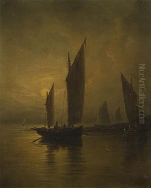 Fishing Vessels Off A Moonlit Coast Oil Painting by Henry Moore